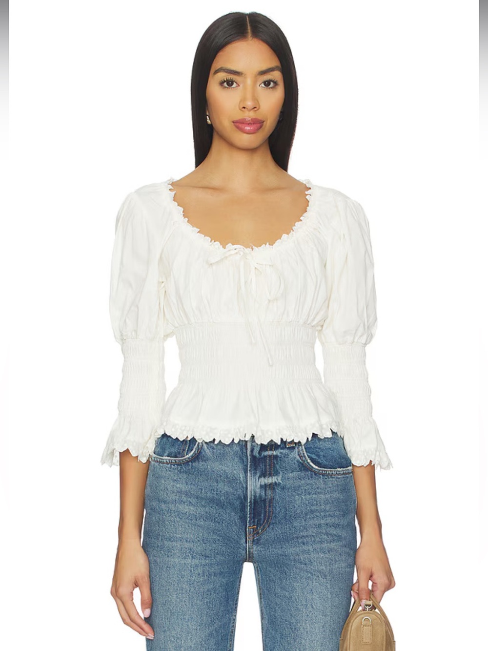 Revolve x Tularosa Presley Smocked Peasant Blouse with Ruffle Neckline in Ivory